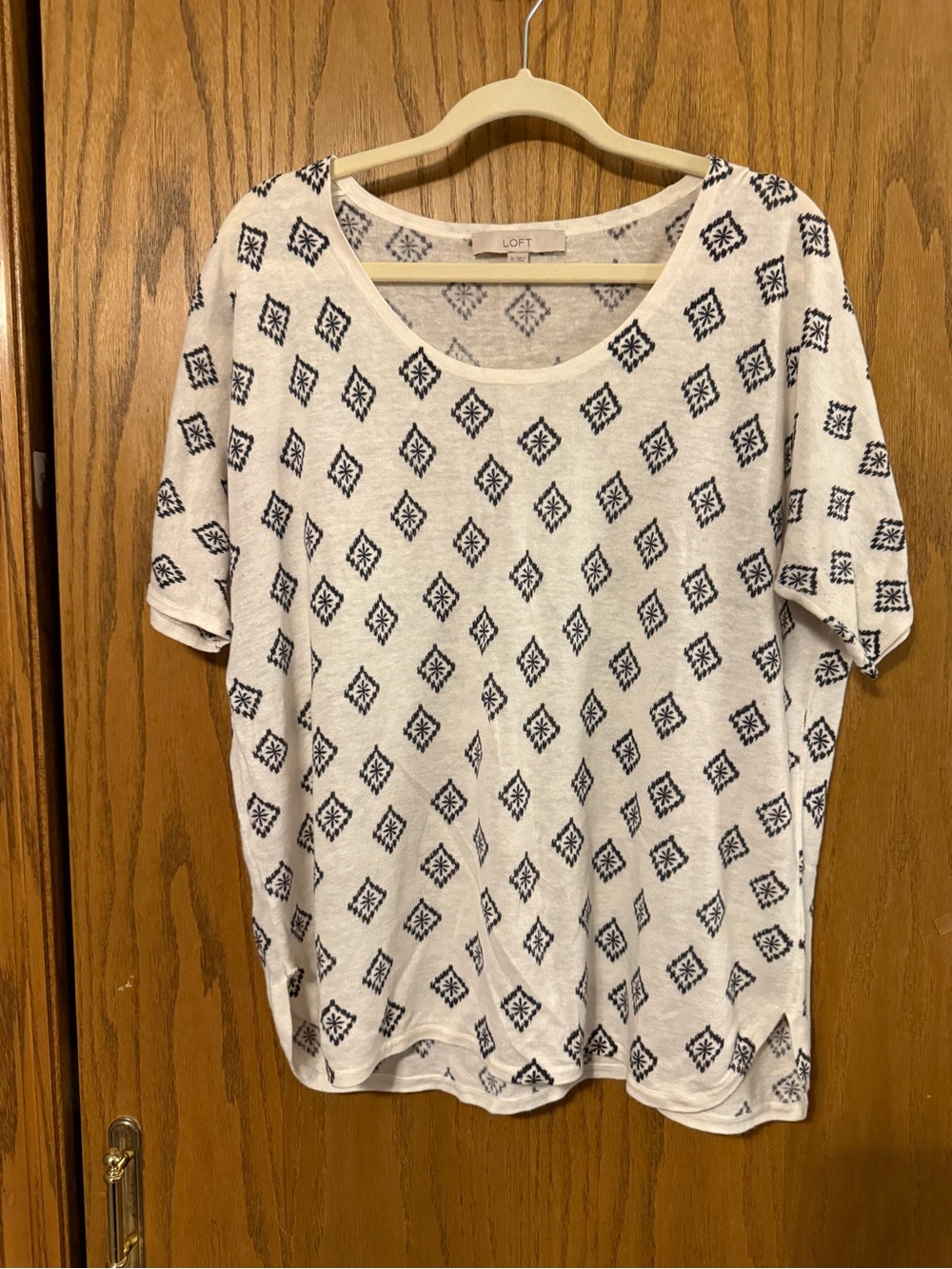 LOFT Cream Sweater with Navy Geometric Motif